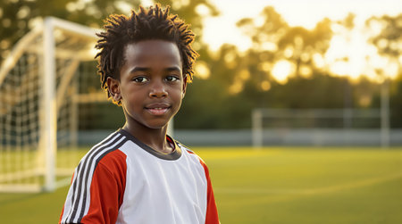 Young soccer player on field during sunset.の素材