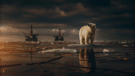 Polar bear gazing amidst cracked ice and offshore oil rigs at sunset.の素材
