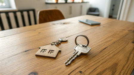 Real estate concept: house key and wooden home keychain on wooden table.の素材