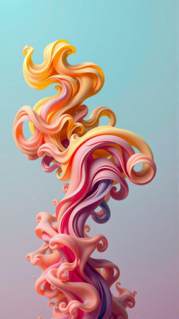 Colorful abstract smoke swirl in pastel tones against gradient background.の素材