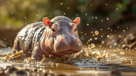 Adorable baby hippo splashing playfully in sunlit muddy water.の素材