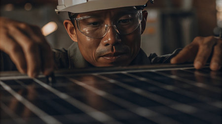 Focused engineer inspecting solar panel for renewable energy efficiency.の素材
