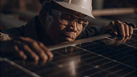 Engineer inspecting solar panels for sustainable energy solutions.の素材