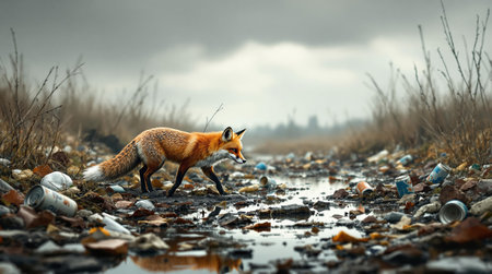 Fox navigating polluted landscape: nature's struggle amidst urban waste.の素材