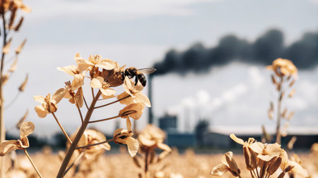 Pollination amidst industrial backdrop: nature and industry coexist.の素材