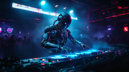 Futuristic robot dj in a vibrant nightclub scene with neon lights.の素材