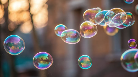 Colorful transparent soap bubbles floating in air at sunset.の写真素材