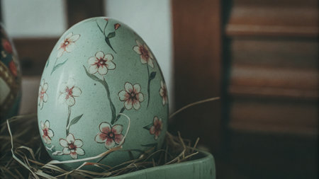 Floral painted egg in nesting box: a celebration of springtime artistry.の素材