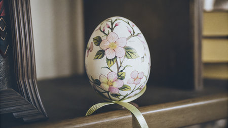 Decorative egg with floral pattern on wooden shelf.の素材
