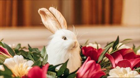 Adorable white rabbit surrounded by colorful spring flowers.の素材