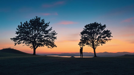 Silhouette of a person under two trees against a vibrant sunset landscape.の素材