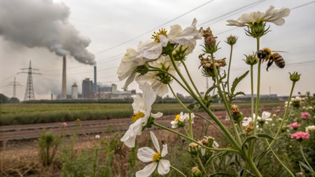 Industrial landscape with blossoming flowers and bee in focus.の素材