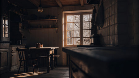 Cozy rustic kitchen interior with sunlit wooden table and vintage decor.の素材