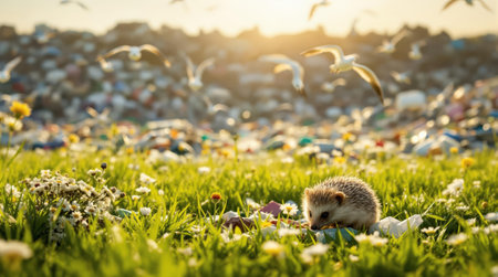 Hedgehog in meadow at sunset with seagulls and distant urban background.の素材