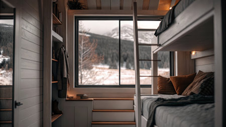 Cozy cabin bedroom with bunk beds and scenic mountain view through large window.の素材