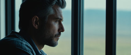 Thoughtful man looking out a window with a pensive expression.の素材