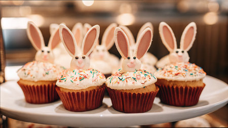Adorable bunny cupcakes with sprinkles on display in a cozy kitchen setting.の素材