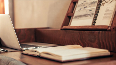Cozy workspace with open notebook, laptop, and books on wooden desk.の素材