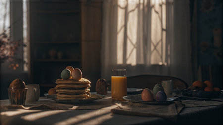 Cozy morning breakfast with pancakes and colorful easter eggs on a sunlit table.の素材