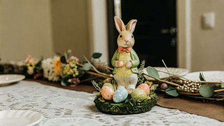 Easter table setting with bunny figurine and colorful eggs.の素材