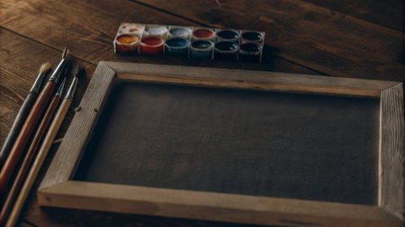 Rustic art supplies with empty chalkboard and watercolors.の素材