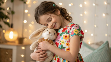 Joyful girl embracing plush toy in dreamy fairy light background.の素材