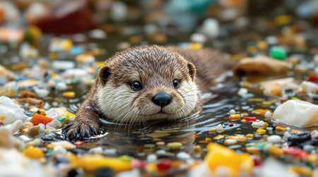 Young otter swimming in polluted water with plastic debris.の素材
