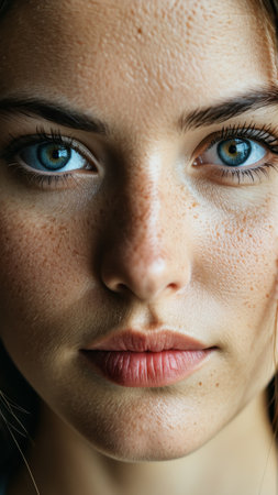 Close-up portrait of a woman with freckles and blue eyes.の素材