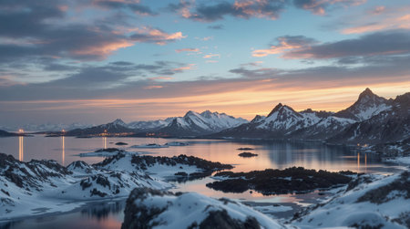 Majestic sunset in arctic mountains over tranquil lake.の素材