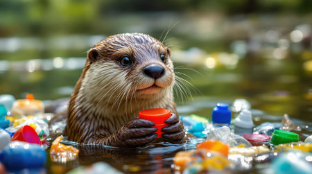 Cute otter surrounded by colorful plastic litter in a polluted pond.の素材