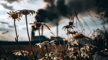 Contrast of nature and industry: wild daisies against factory smoke.の素材