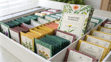 Organized garden: colorful seed packets and planting schedule in neat arrangement.の素材
