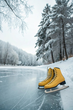Yellow ice skates on frozen lake in winter forest landscape.の素材