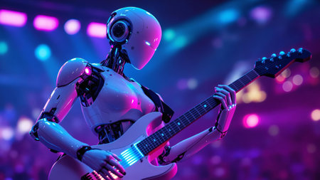 Futuristic robot playing electric guitar on vibrant stage.の素材