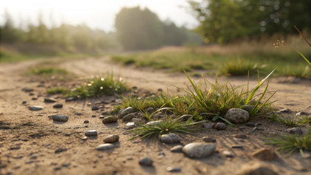 Sunlit dirt path with grass and stones in a tranquil natural setting.の素材