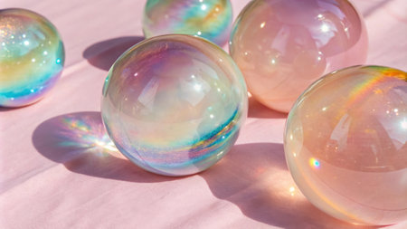 Colorful iridescent glass orbs casting magical rainbow reflections on pink background.の素材