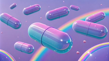 Colorful floating capsules with rainbow and sparkles in a surreal dreamscape.の素材