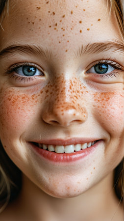 Smiling girl with freckles and blue eyes close-up portrait.の素材