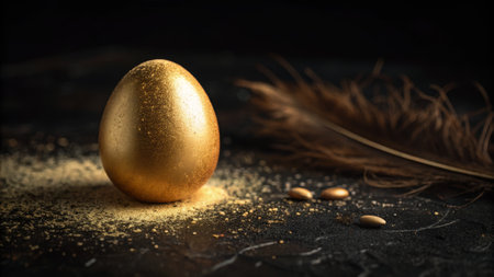 Golden egg and feather on dark background: symbol of wealth and luck.の素材