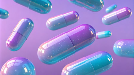 Vibrant futuristic capsules floating against a purple background.の素材