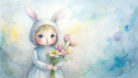 Whimsical watercolor of child in bunny costume holding spring flowers.の素材
