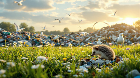 Hedgehog and seagulls at sunrise in lush meadow amidst stone piles.の素材