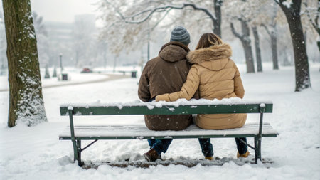 Romantic winter scene: couple embracing on snowy park bench.の写真素材