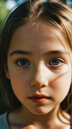 Close-up portrait of a young child with freckles in natural light.の素材