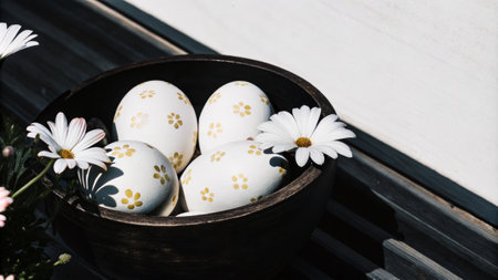 Decorative easter eggs in dark bowl with white daisies in sunlit setting.の素材