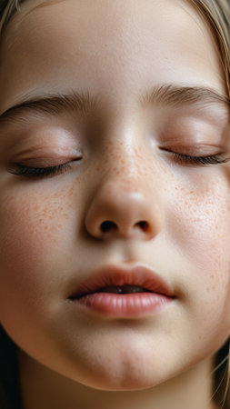 Serene close-up portrait of freckled child with closed eyes.の素材