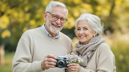 Joyful seniors enjoying nature and photography in autumn park.の素材