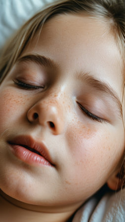 Serene portrait of a sleeping child with freckles and peaceful expression.の素材