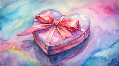 Heart shaped gift box with pink ribbon on colorful watercolor background.の写真素材