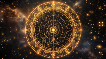 Intricate celestial mandala in glowing gold against starry cosmic background.の写真素材
